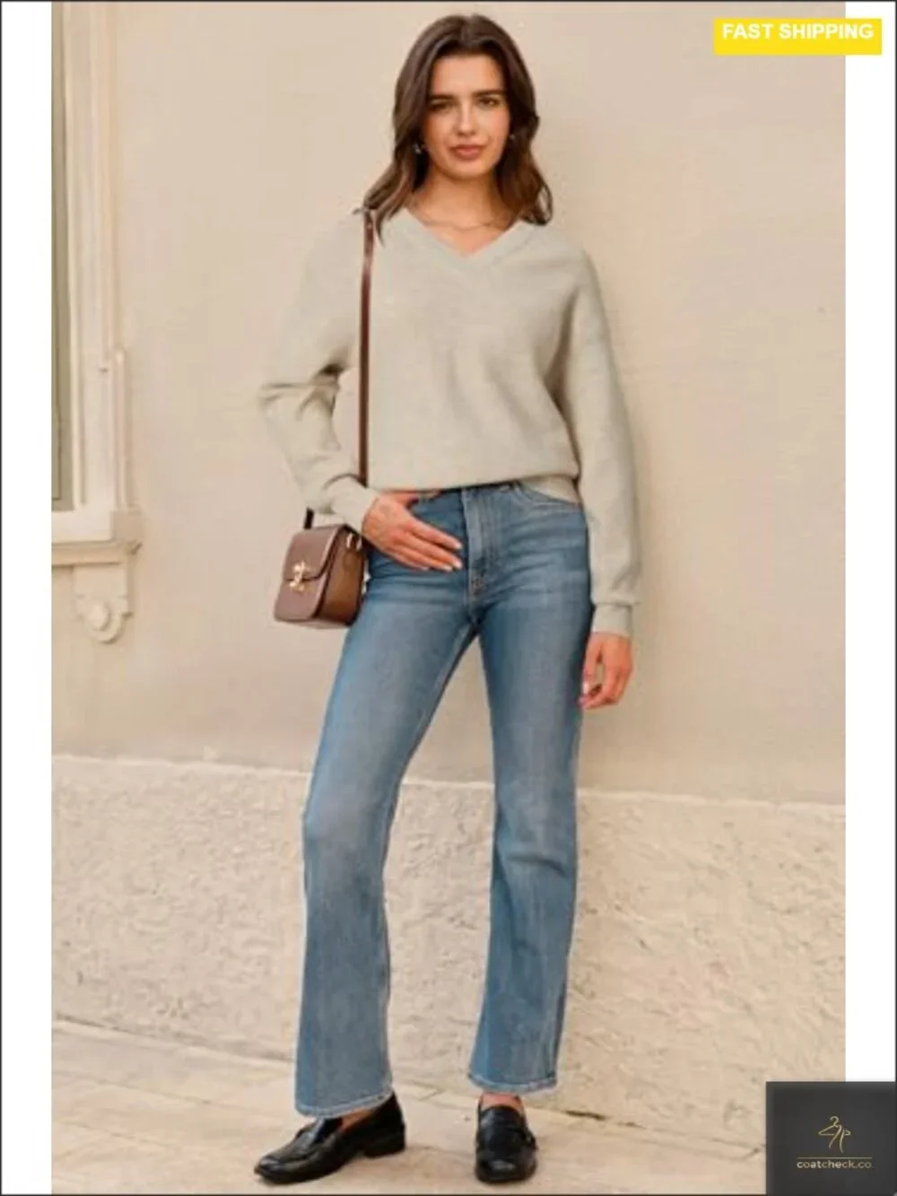 V-Neck Women's Wool Blend Pullover Sweater Business Casual Long Sleeve